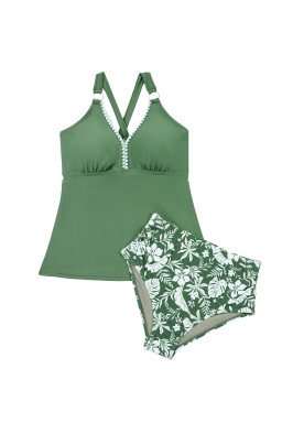Four Leaf Clover O-ring Knot Back Straps Ricrac Trim V Neck Tankini Contrast Printed Swim Short 2pcs Set