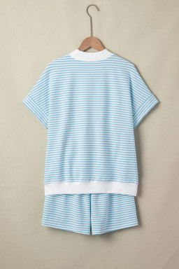 Sky Blue Stripe Cuffed Sleeve Contrast Mock Neck Tee Casual 2pcs Short Set