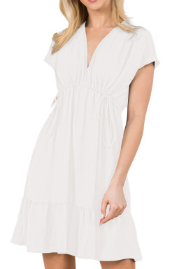 White Double Drawstring Detail High Waist V Neck Short Sleeve Mini Dress