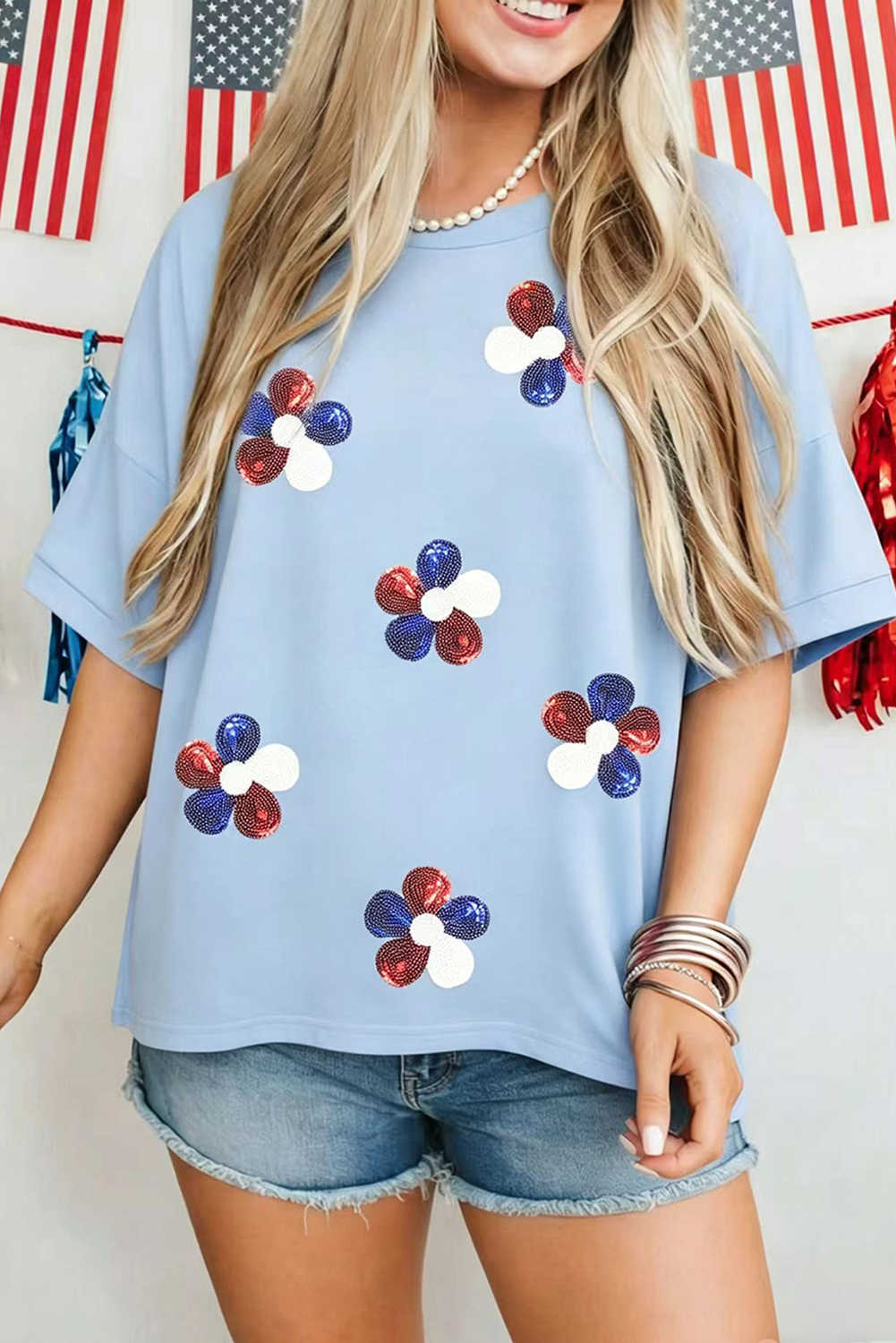 Myosotis Patriotic Sequin Flower Half Sleeve Loose Tee