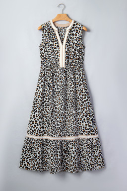 White Leopard Print Colorblock Trim Sleeveless Midi Dress