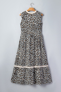 White Leopard Print Colorblock Trim Sleeveless Midi Dress