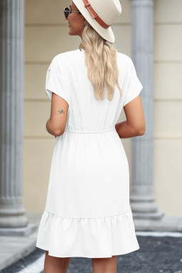 White Double Drawstring Detail High Waist V Neck Short Sleeve Mini Dress