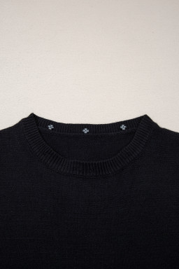 Black Solid Color Knit Contrast Denim Patchwork Collar Sweater Vest