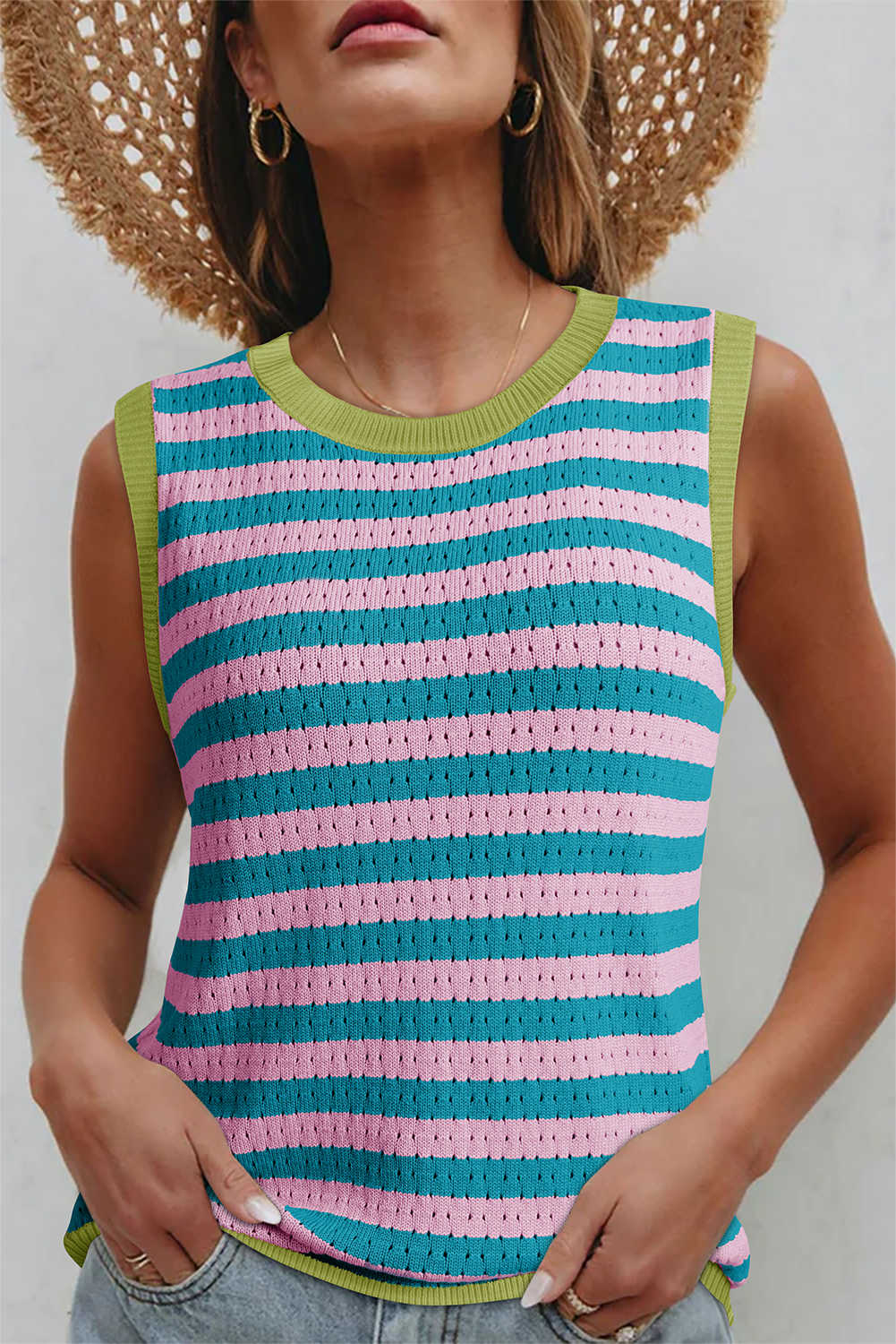 Pink Stripe Pointelle Knit Contrast Trim Sleeveless Sweater Top