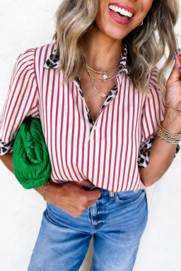 Red Stripe Leopard Contrast Trim Half Button Blouse