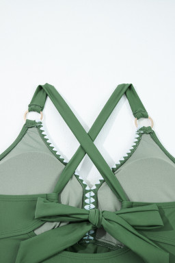 Four Leaf Clover O-ring Knot Back Straps Ricrac Trim V Neck Tankini Contrast Printed Swim Short 2pcs Set