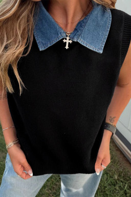 Black Solid Color Knit Contrast Denim Patchwork Collar Sweater Vest