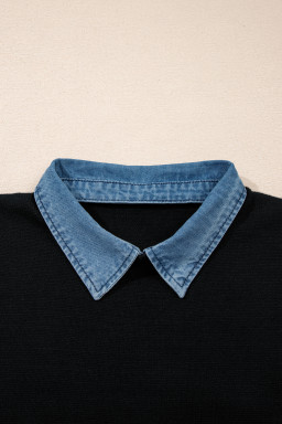 Black Solid Color Knit Contrast Denim Patchwork Collar Sweater Vest