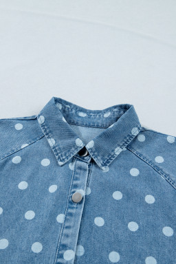 Sky Blue Polka Dot Print Ruffled Short Puff Sleeve Button Down Loose Denim Dress