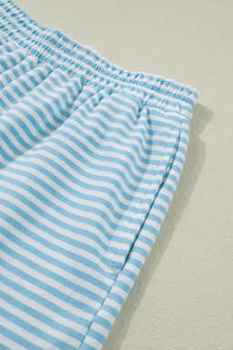 Sky Blue Stripe Cuffed Sleeve Contrast Mock Neck Tee Casual 2pcs Short Set