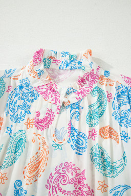 Multicolour Vibrant Paisley Printed Button Keyhole Puff Sleeve Blouse