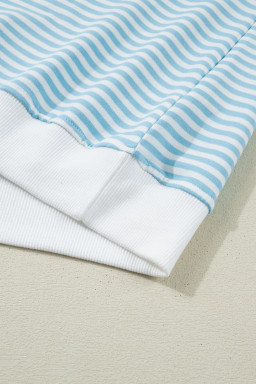 Sky Blue Stripe Cuffed Sleeve Contrast Mock Neck Tee Casual 2pcs Short Set