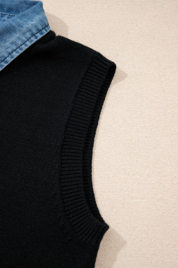 Black Solid Color Knit Contrast Denim Patchwork Collar Sweater Vest