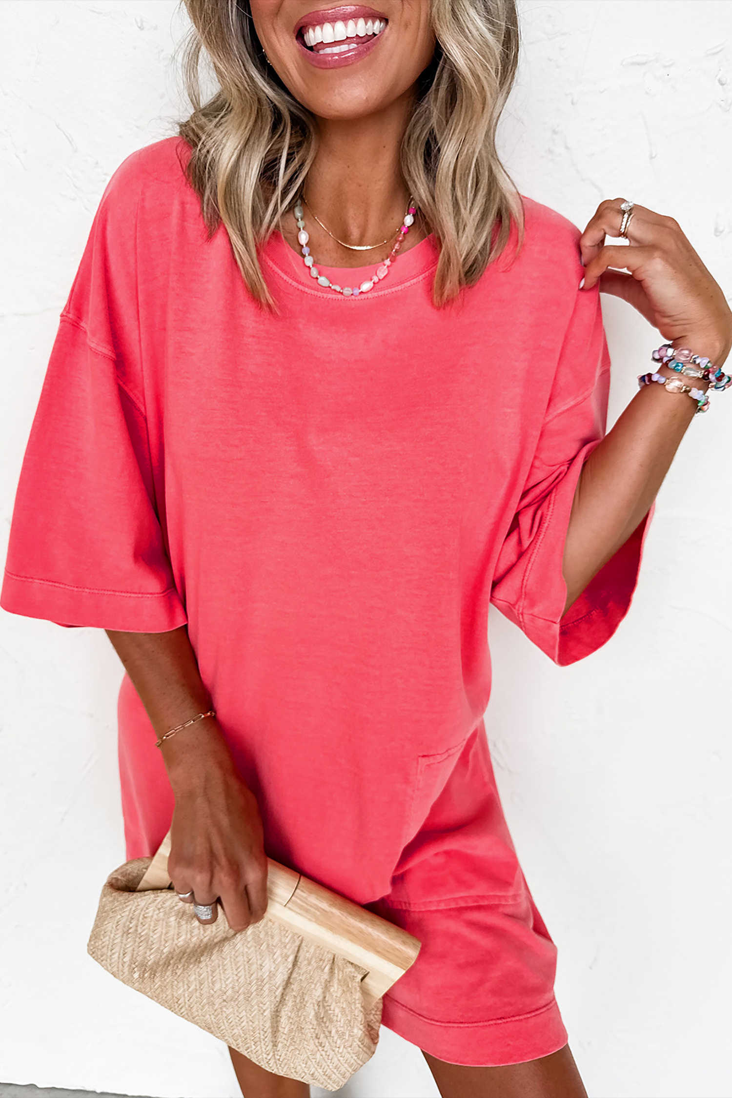 Coral Paradise Drop Shoulder Loose Casual T Shirt Mini Dress