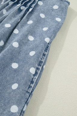 Sky Blue Polka Dot Print Tie V Neck Pleated Loose Denim Romper