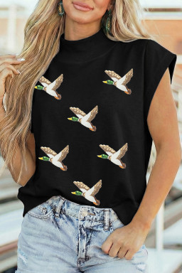 Black Sequin Mallard High Neck Cap Sleeve Top