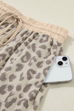 Khaki V Neck Collar Leopard Printed 2pcs Short Set