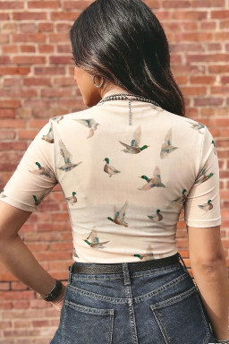 Beige Mallard Sheer Mesh Short Sleeve Top