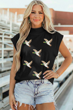 Black Sequin Mallard High Neck Cap Sleeve Top