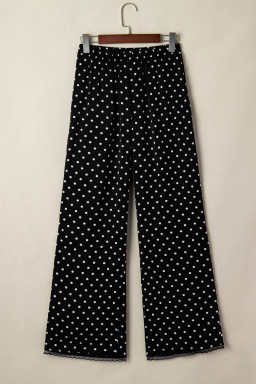 Black Polka Dot Print Elastic Waist Lace Hem Loose Pants