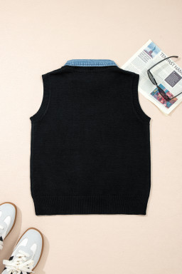 Black Solid Color Knit Contrast Denim Patchwork Collar Sweater Vest