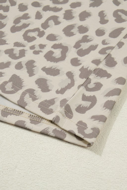 Khaki V Neck Collar Leopard Printed 2pcs Short Set