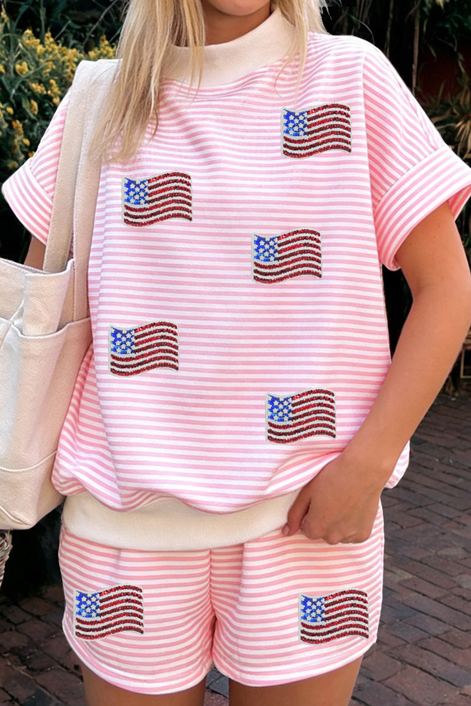 Pink Stripe Sequin Flag Pattern High Neck Top Loose Fit Short Set