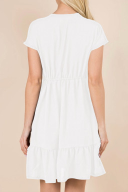 White Double Drawstring Detail High Waist V Neck Short Sleeve Mini Dress