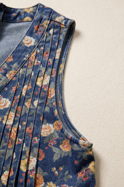 Blue Retro Floral Print Bow Tie V Neck Sleeveless Pleated Loose Denim Romper