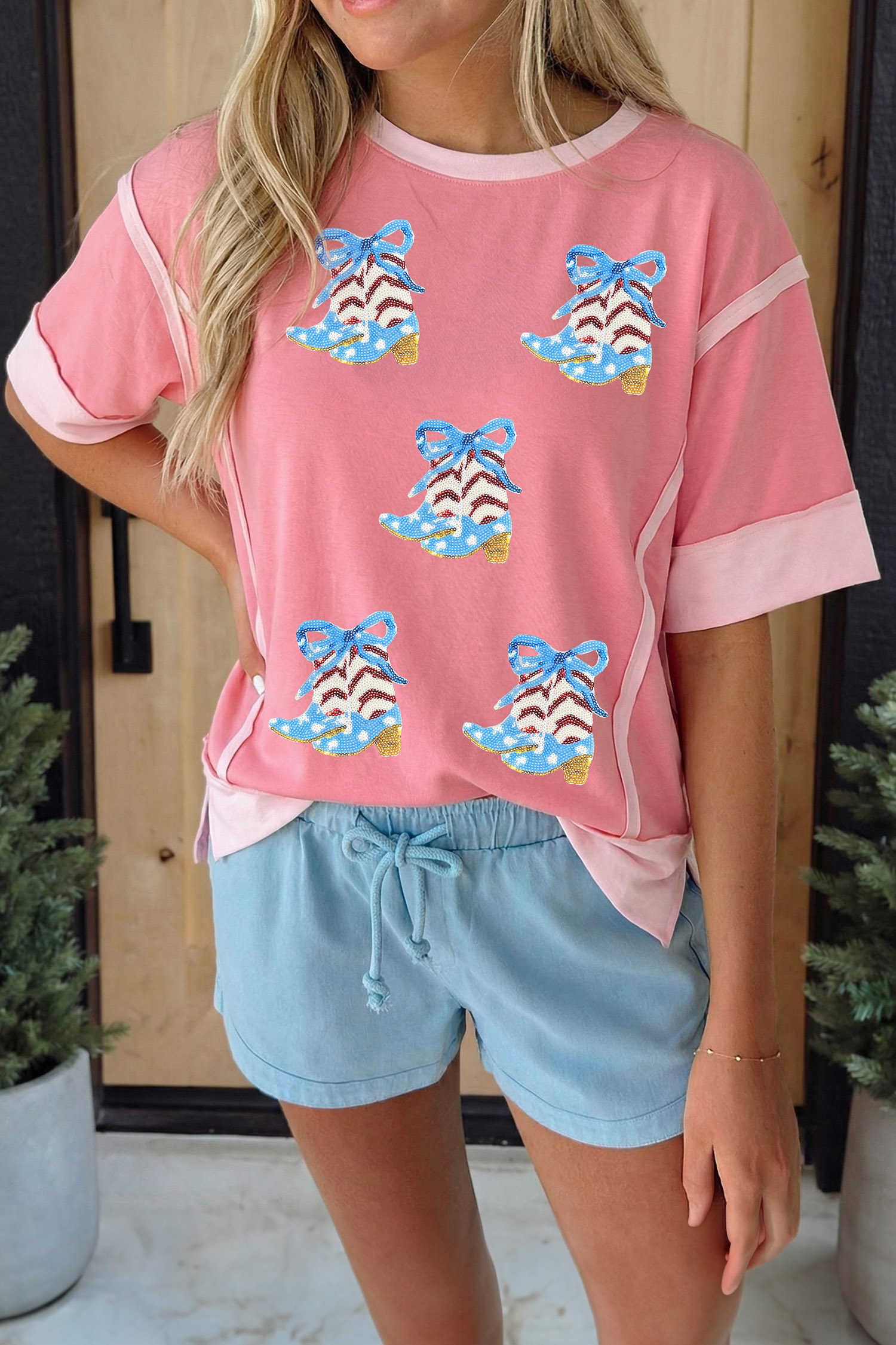 Peach Blossom Raw Edge Patchwork Coquette Patriotic Sequin Boots Graphic Top