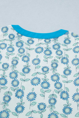 Sky Blue Floral Print Contrast Trim Flutter Sleeve Mini Dress