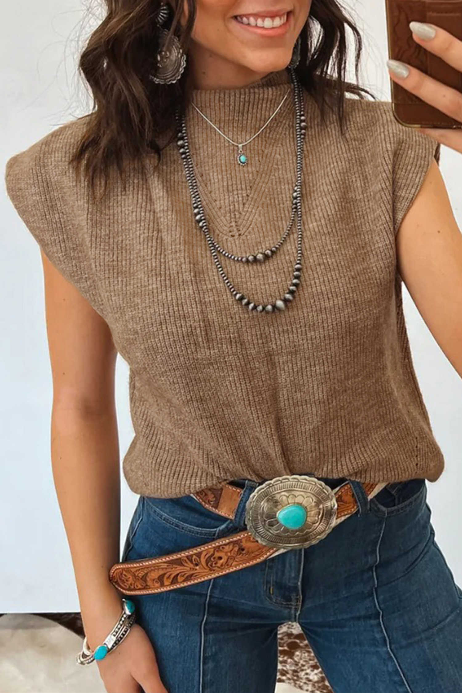 Light French Beige Solid Color Ribbed Knit Mock Neck Loose Sleeveless Sweater