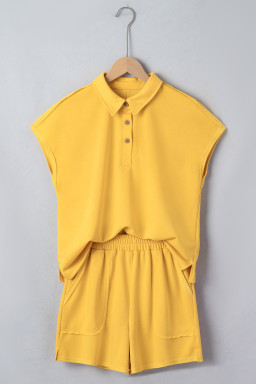 Banana Cream Loose Polo Tee Elastic Waist 2pcs Short Set