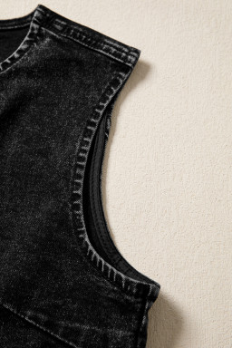 Black Buttoned Front Slit Denim Vest