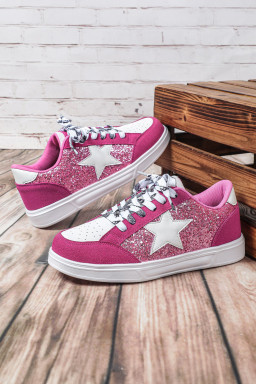 Rose Red Stylish Color Block Glitter Star Patchwork Lace-up Flat Shoes