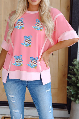 Peach Blossom Raw Edge Patchwork Coquette Patriotic Sequin Boots Graphic Top
