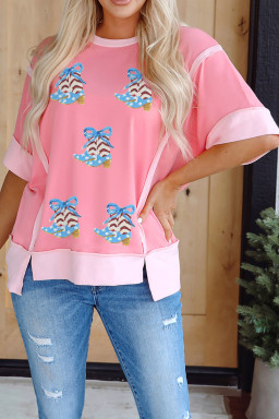 Peach Blossom Raw Edge Patchwork Coquette Patriotic Sequin Boots Graphic Top