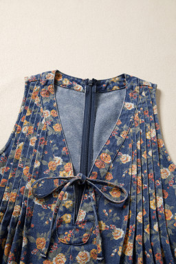 Blue Retro Floral Print Bow Tie V Neck Sleeveless Pleated Loose Denim Romper