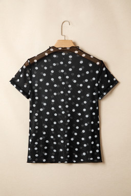Black Polka Dot Printed High Neck Sheer Mesh Tee