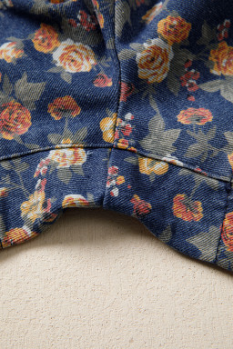 Blue Retro Floral Print Bow Tie V Neck Sleeveless Pleated Loose Denim Romper