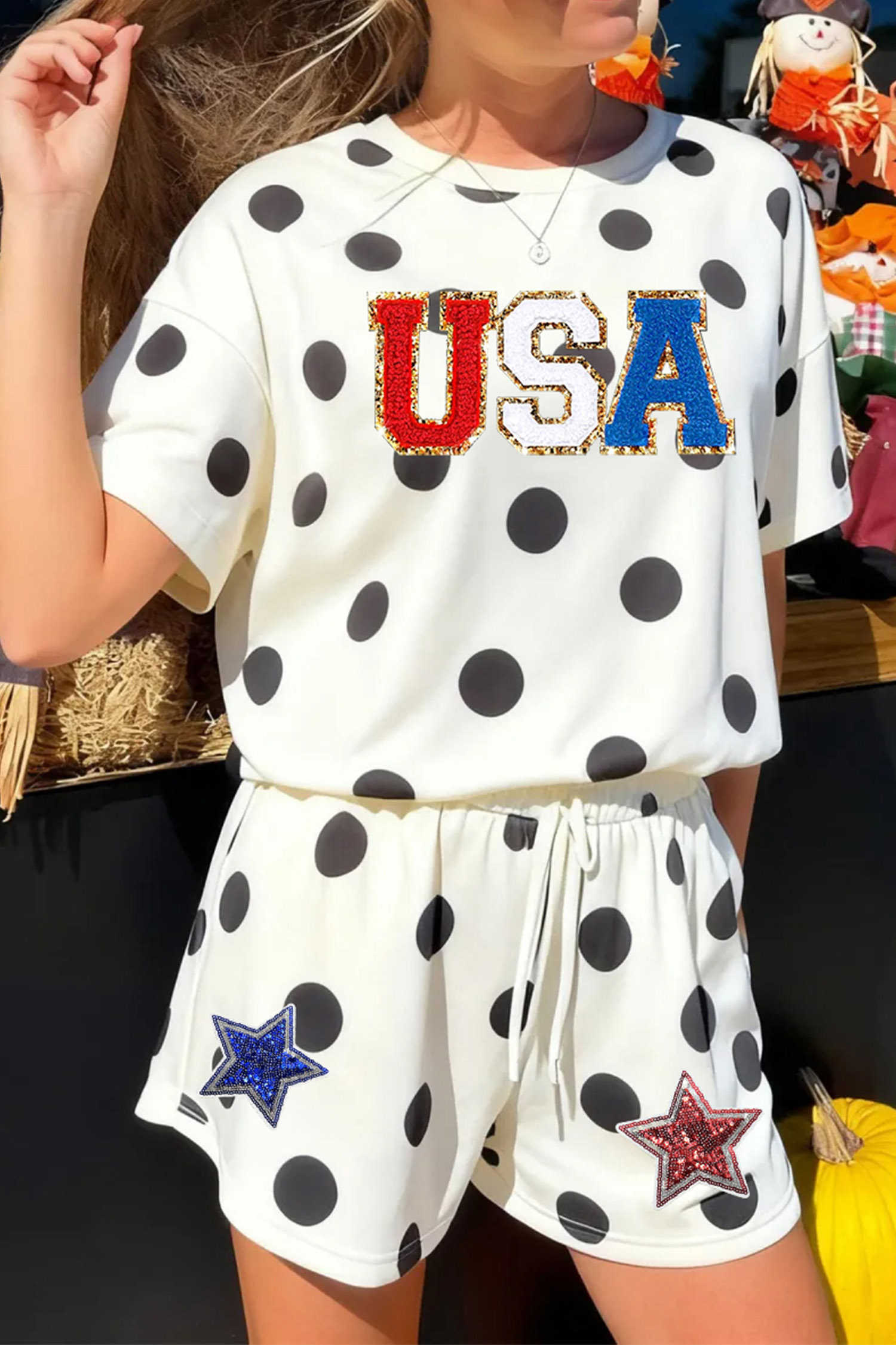 Black Polka Dot USA Patriotic Chenille Sequin Graphic 2-Piece Set