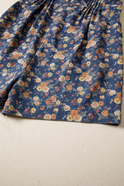 Blue Retro Floral Print Bow Tie V Neck Sleeveless Pleated Loose Denim Romper