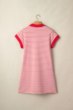 Red Stripe Quarter Zip Polo Collar T Shirt Dress with Pockets
