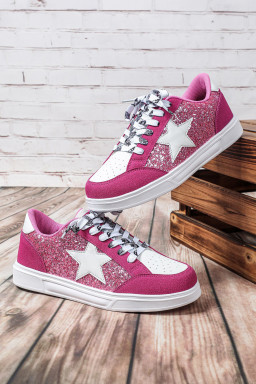 Rose Red Stylish Color Block Glitter Star Patchwork Lace-up Flat Shoes