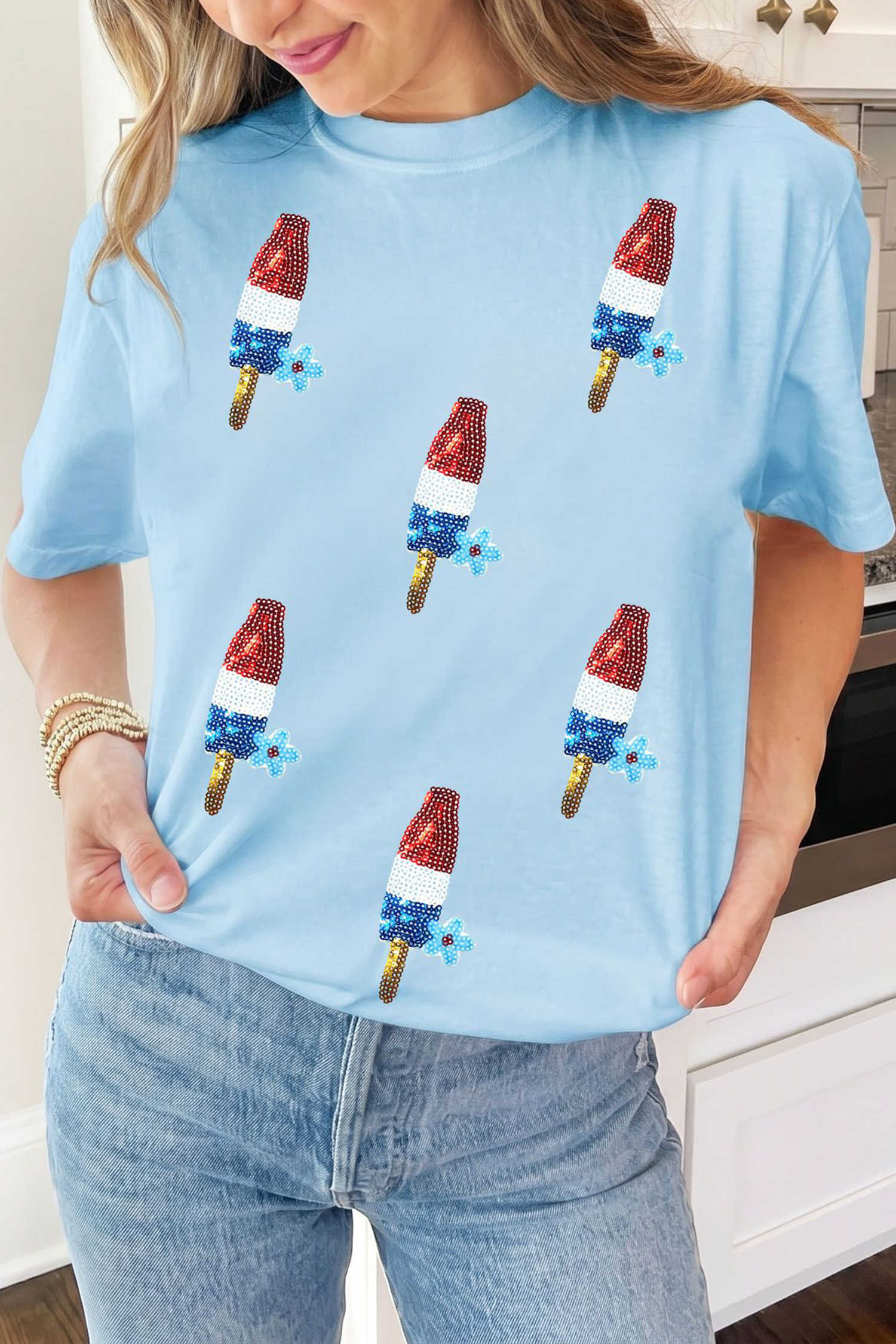 Light Blue Patriotic Sequin Popsicle Graphic Tee