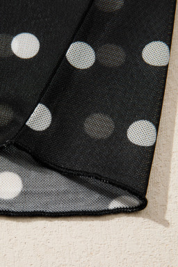 Black Polka Dot Printed High Neck Sheer Mesh Tee