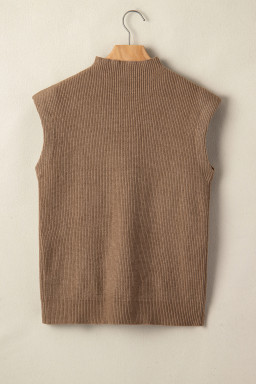 Light French Beige Solid Color Ribbed Knit Mock Neck Loose Sleeveless Sweater