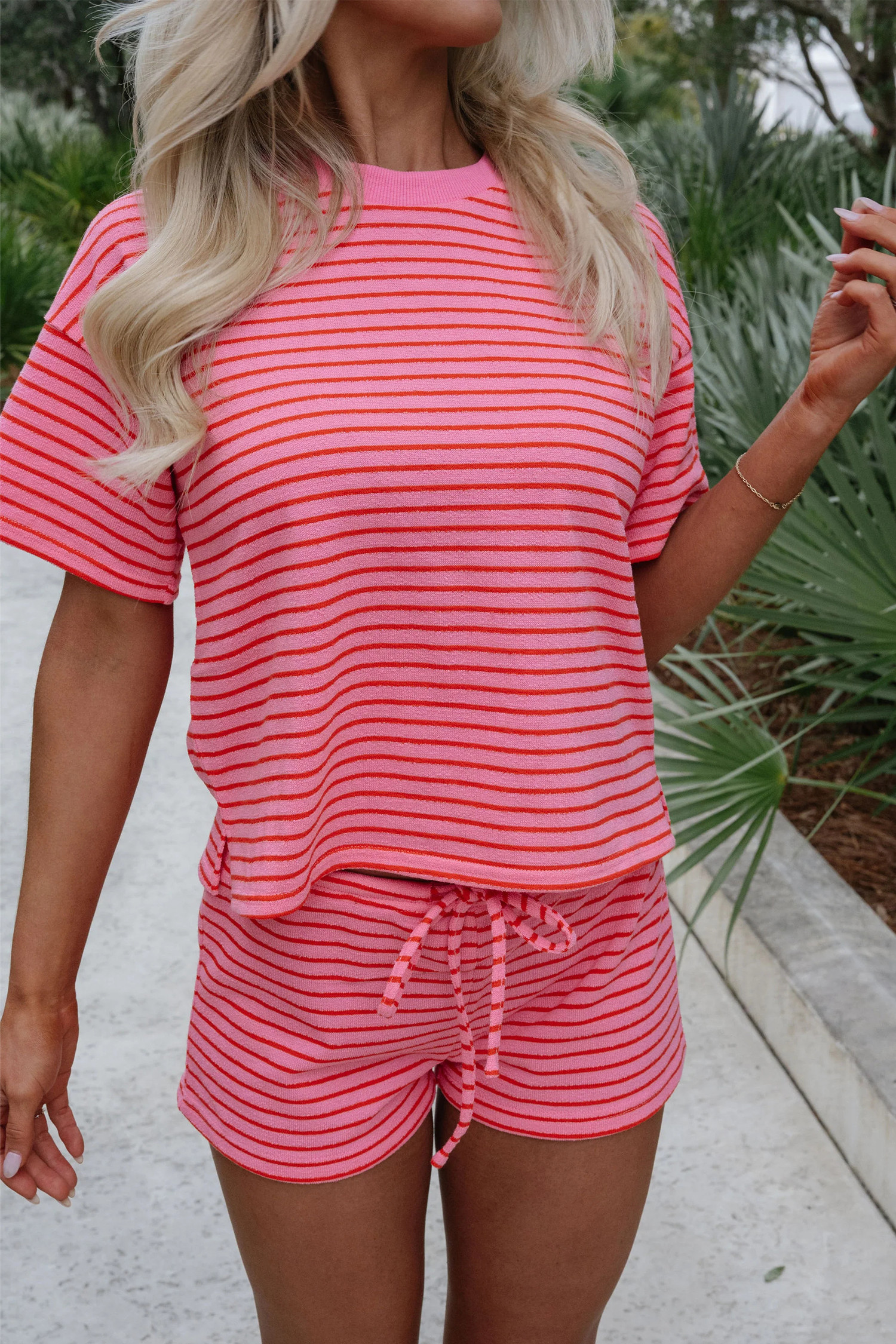 Rose Stripe Side Split Knit Tee Drawstring Shorts Set