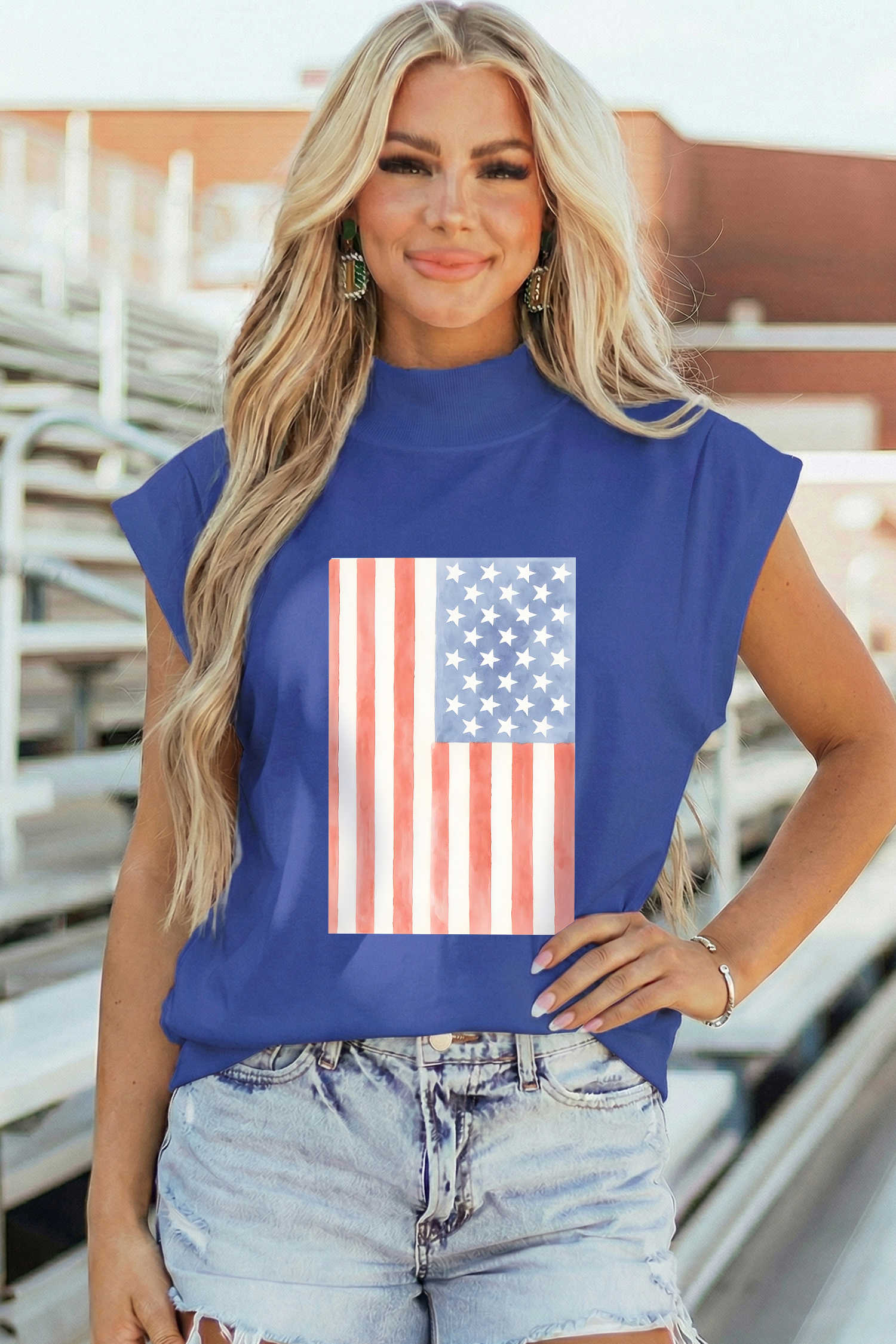 Sky Blue Retro American Flag Printed Mock Neck Tee